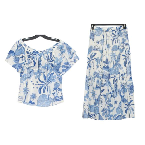NWT Nicole Miller Top Skirt Set Coastal Resort Cottage Boho Retro Blue Small - Picture 1 of 14